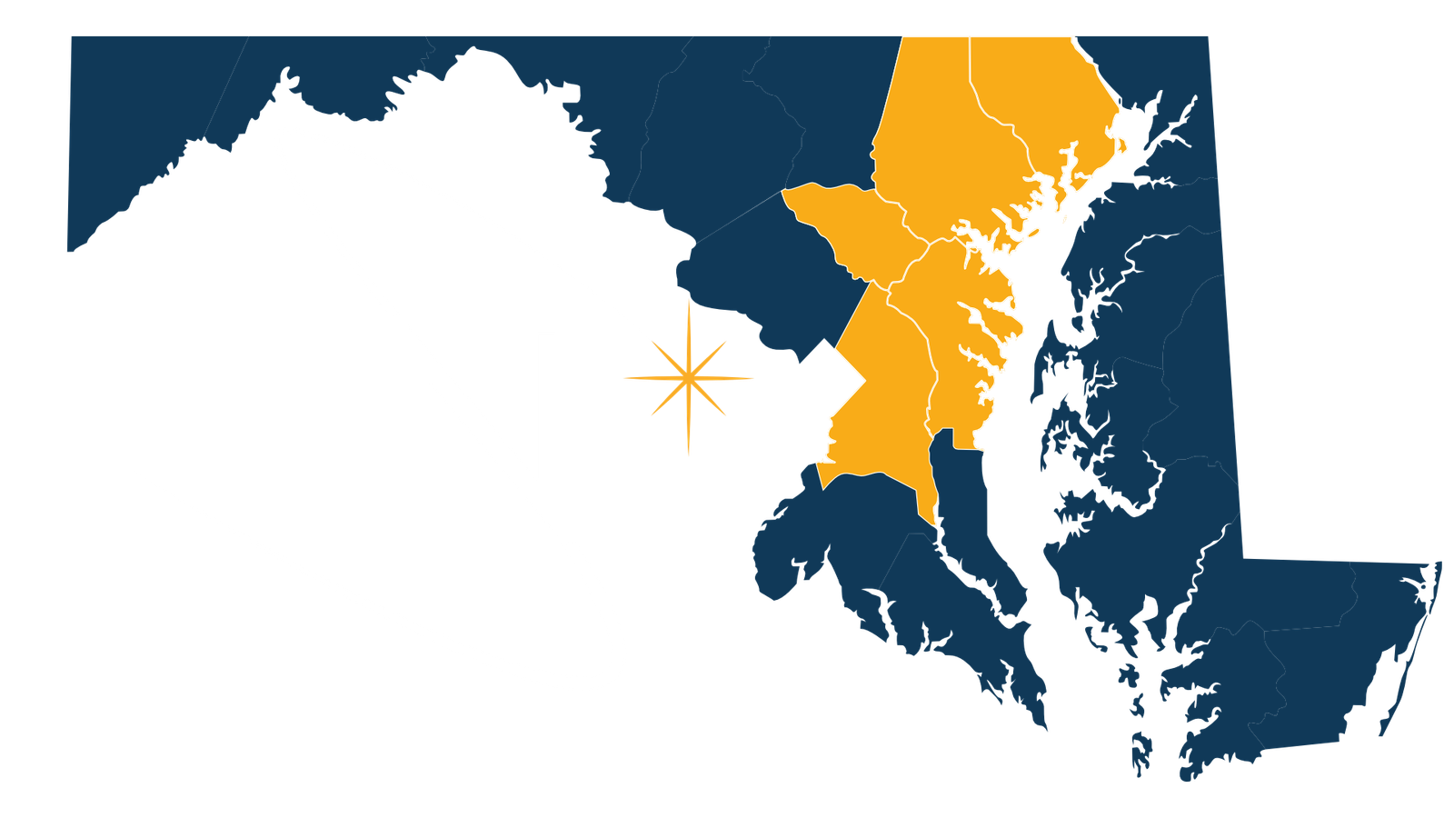 State of Maryland Map highlighting the counties served by Northstar. Baltimore County, Howard County, Montgomery County, Prince George’s County, and Anne Arundel county are highlighted. In Northstar's Branding Colors and Logomark